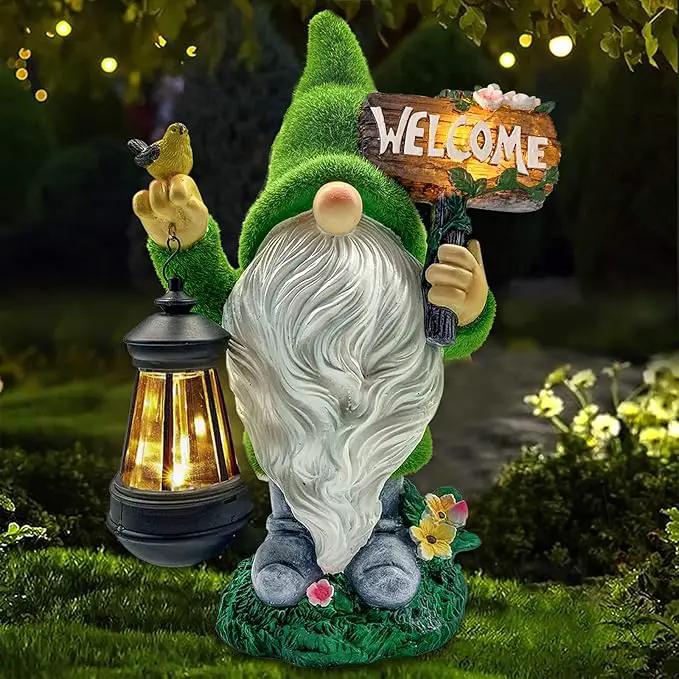 Lovinland Garden Gnome Statue Outdoor Decor Large Flocked Resin Gnome Figurine with Solar Light Holding Lantern Welcome Sign Garden Yard Decorations Dwarf Sculpture for Outside Patio Porch Lawn Decor by GreenHaven Gardens