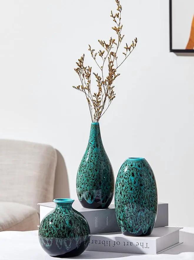 Ceramic Bud Vase Set, Fambe Blue Glazed Finish, Decorative Flower Vases (Blue-Set of 3) by GreenHaven Gardens