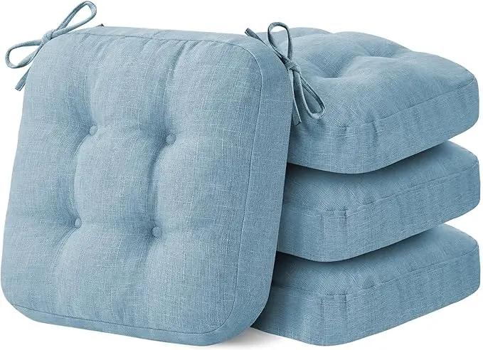 Chair Cushions for Dining Chairs, Dining Chair Cushions, Tufted Indoor Chair Pads with Ties & Non Slip Backing, Seat Cushions for Kitchen Chairs 16.5” x 16.5” x 3.5”, Set of 4, Light Blue by GreenHaven Gardens