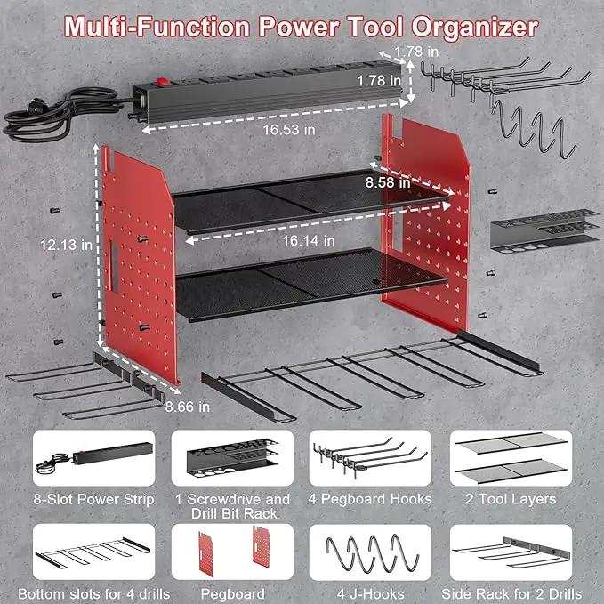 Power Tool Organizer with Charging Station, 6 Drill Holder Wall Mount, 3 Layer Garage Tool Organizer with Hooks, Screwdriver, Drill Bit Rack, Heavy Duty Utility Shelf for Garage, Gifts for Men by GreenHaven Gardens