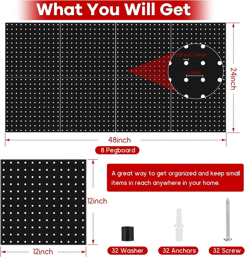 Pegboard Panels 8 Packs Metal Black, Heavy Duty Steel Peg Boards Wall Tool Organizer with Screw for Garage, Tool Storage, Office Organization, Craft Room, Kitchen by GreenHaven Gardens