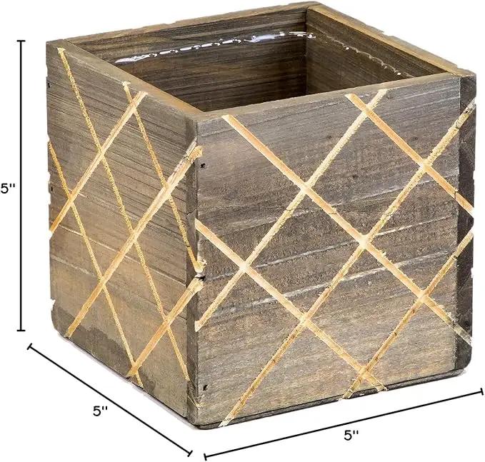 Wood Planter Box with Diamond Cross Hatch Style, 5 Inch Square, Rustic Barn Wood, Plastic Liner, Wedding Flowers Holder, Home and Venue Decor (5x5 Diamond Cross Hatch Set of 4, Natural) by GreenHaven Gardens