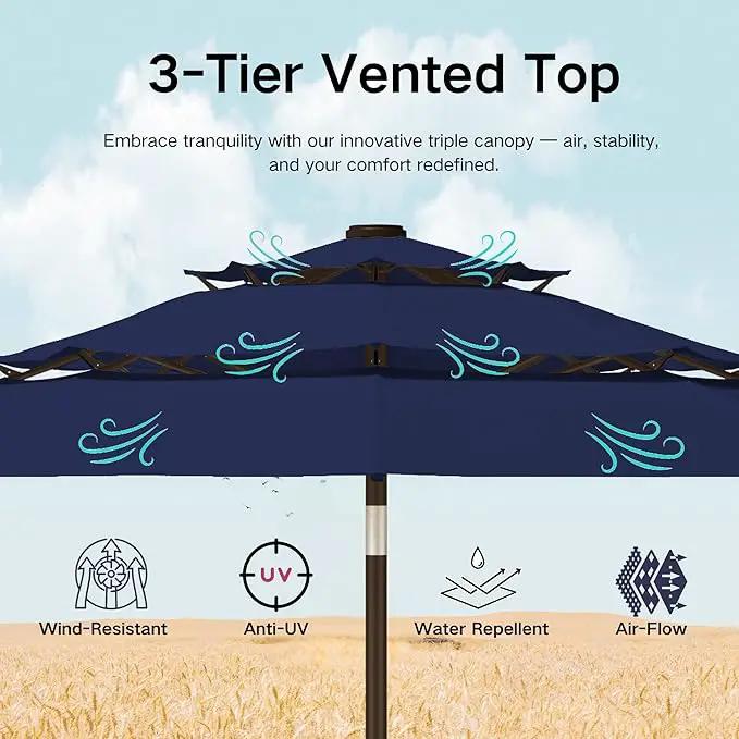Kingdura 9ft 3-Tier Patio Umbrella with Solar Lights, Table Umbrella Outdoor Patio with Easy Crank & Tilt, 8 Sturdy Ribs, UV Protection, 32 LED Lights for Deck, Poolside, Market (Navy blue) by GreenHaven Gardens