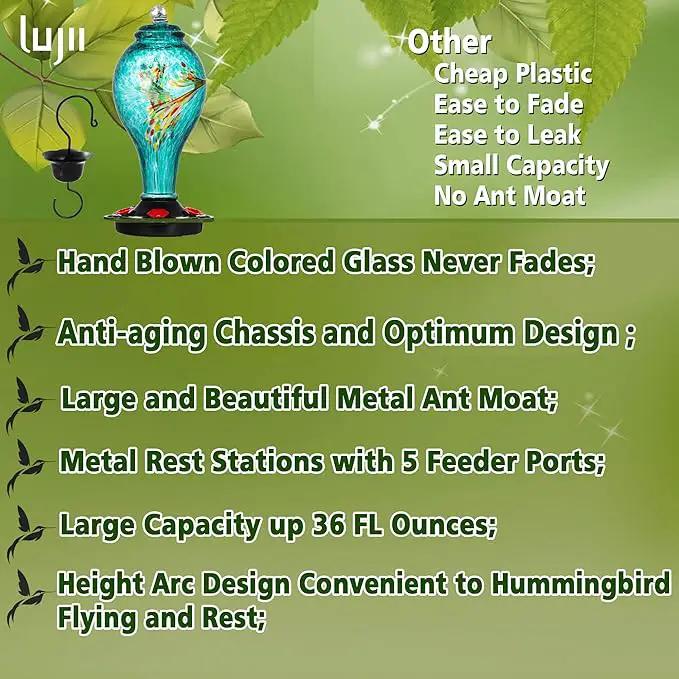 LUJII Hummingbird Feeder, Hand Blown Glass Hummingbird Feeder, Never Fade, 36 Fluid Ounces, 5 Feeding Metal Stations, Much Bigger, Garden Backyard Decorative, Containing Ant Moat (Blue) by GreenHaven Gardens