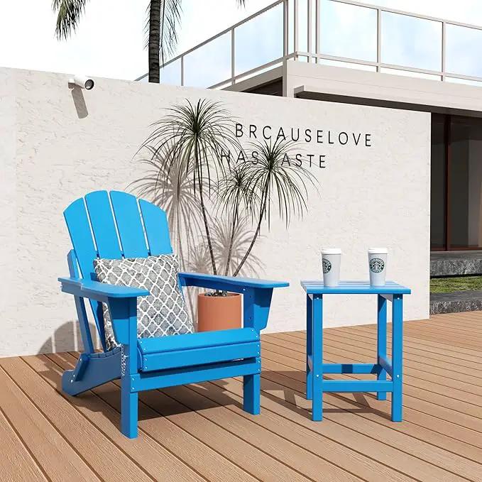 WO Home Furniture Adirondack Chair Table Set of 2 PCS Outdoor Folding Chair w Side Table Weather/UV Resistant for Lawn, Garden, Bon Fire, Balcony (Pacific Blue) by GreenHaven Gardens