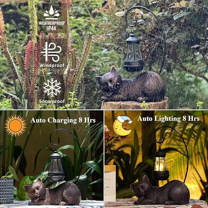 Solar Garden Statue Cat Figurine with Solar Light- Cat Statues Garden Art with Solar Lantern, Loving Cat for Patio,Balcony,Yard, Lawn, Porch-Unique Housewarming Gift for Garden Mom Grandma by GreenHaven Gardens