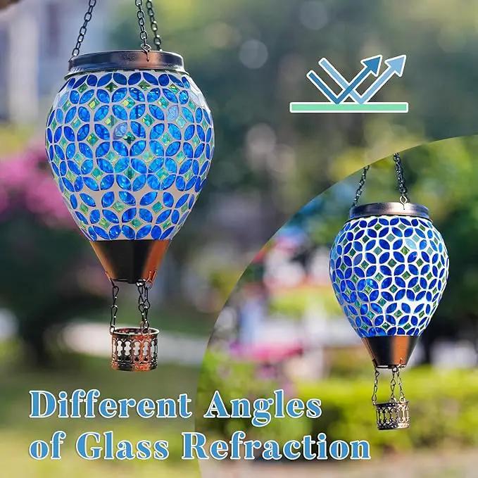 Mosaic Hot Air Balloon Solar Lantern with Flickering Flame, Blue Mosaic Hanging Solar Lantern Lights Outdoor Waterproof for Garden Patio Gifts for Women Mom Grandma by GreenHaven Gardens