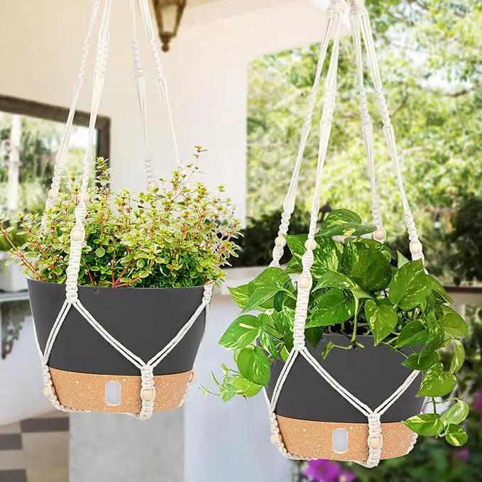 QCQHDU 2 Pack Hanging Planters for Indoor Plants, Outdoor Hanging Baskets, Self Watering Pots with Drainage Holes & Removable Tray (Dark Grey, 10 inch, Macrame Hanger) by GreenHaven Gardens