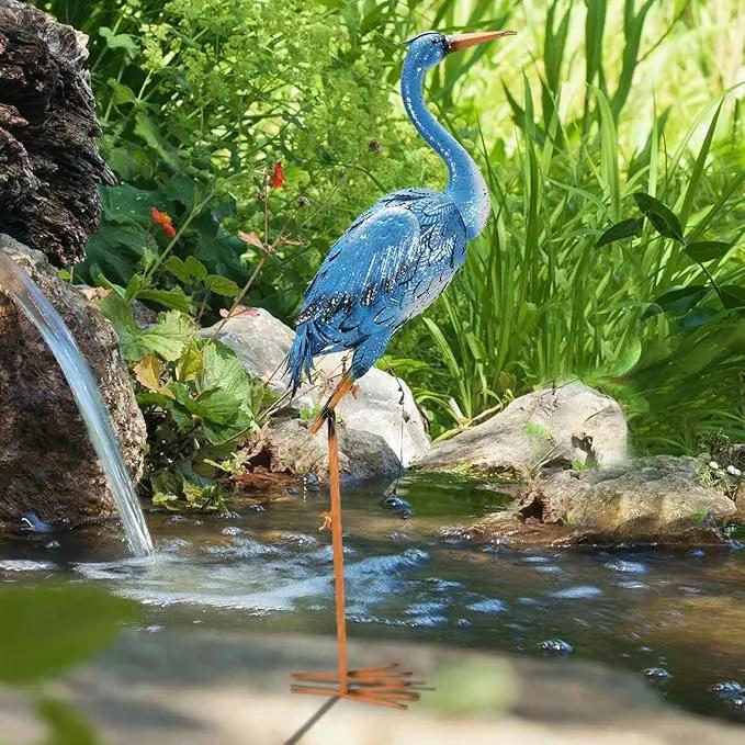 Nacome Large Standing Blue Metal Crane Garden Statue: Indoor Outdoor Heron Animal Sculpture for Patio Backyard Porch Yard Bird Art Lawn Decor - 36.6inch Gifts for Grandma Mom by GreenHaven Gardens