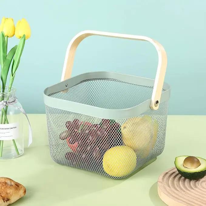 Metal Mesh Steel Basket, Storage Organizer Basket Multi-functional Hanging Kitchen Basket Fruit Basket Bin with Bamboo Handle, 9.84 x 10.2 x 7 inch, Mint Green by GreenHaven Gardens