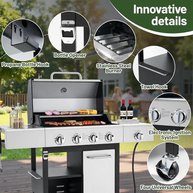 4-Burner Propane Gas Grill with Side Burner & Cabinet, 50,000 BTU Outdoor BBQ Grill with Porcelain-Enameled Cast Iron Grates, Stainless Steel Barbecue Grill for Outdoor Cooking (Silver) by GreenHaven Gardens