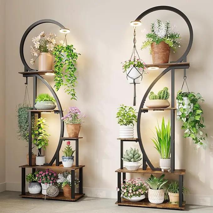 Indoor Plant Stand with Grow Lights, Half-Heart Shape Metal Shelf with Multiple Wood Boards and Hooks for Hanging & Potted Plants, Tall LED Display Rack for Living Room, Balcony Décor by GreenHaven Gardens