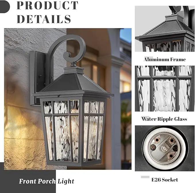 Outdoor Wall Lights 14 Inch Exterior Waterproof Lighting Fixtures Aluminum Material and Water Ripple Glass E26 Socket Black Outdoor Lights for House Garages by GreenHaven Gardens