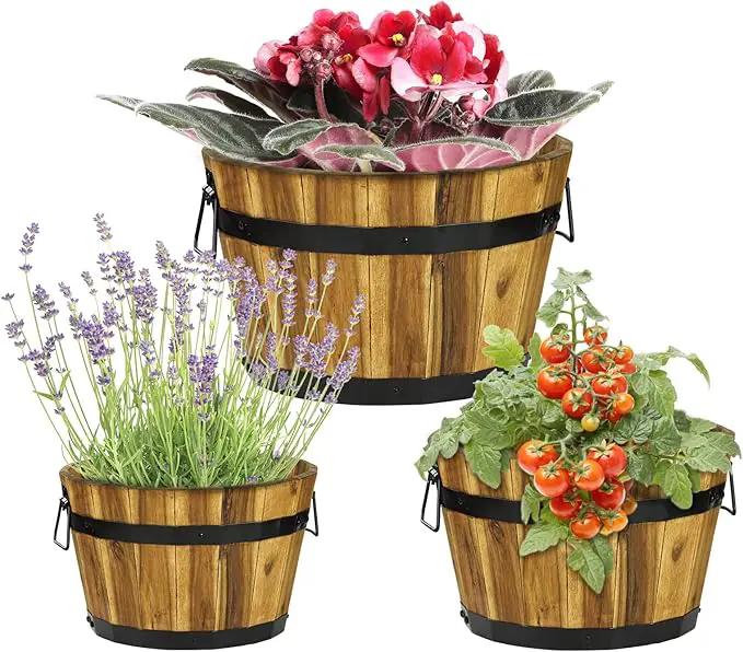 IDZO Set of 3 Wooden Flower Planters for Outdoor Plants, Acacia Wood Barrel Planters, Ergonomic Handles, Drainage Holes, Various Sizes, Golden Teak by GreenHaven Gardens