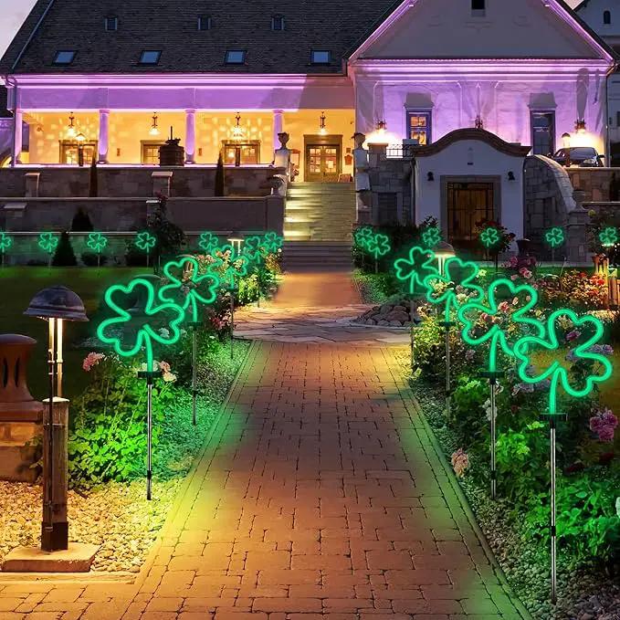 BlcTec St Patricks Day Decorations Outdoor, 4PCS Shamrock Neon Lights with Stainless Steel Stakes, Waterproof Irish Green Shamrock Pathway Lights for Yard Lawn Garden Porch Decor, Plug in by GreenHaven Gardens