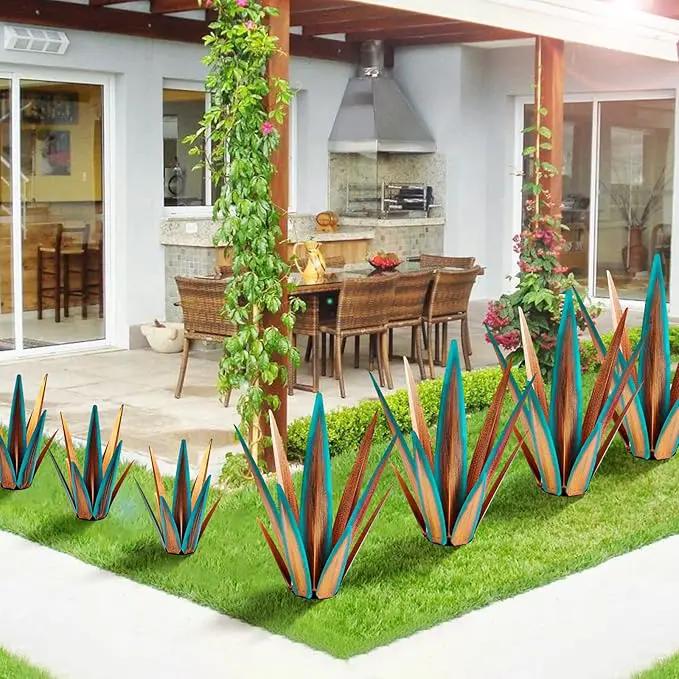 Large Tequila Rustic Sculpture, Rustic Metal Agave Plants for Outdoor Patio Yard, Home Decor Hand Painted Metal Agave Garden Yard Statue, Outdoor Lawn Ornaments Yard Stakes (Blue - M) by GreenHaven Gardens
