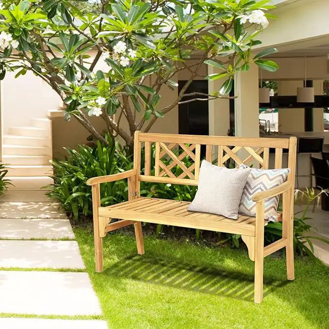 Tangkula Folding Outdoor Wood Garden Bench, Foldable Acacia Wood Patio Bench with Wide Curved Armrest & Backrest, Outside 2-Person Loveseat Chair for Entryway, Yard, Deck, Balcony & Park by GreenHaven Gardens