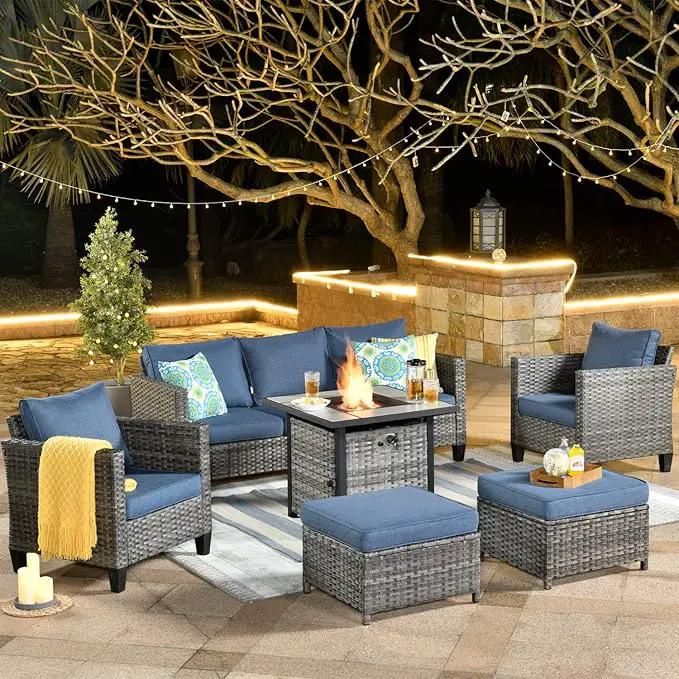 ovios 6 Pieces Patio Furniture Set with 30" Fire Pit Table, Outdoor Wicker Sofa with Comfy Cushions, All Weather High Back Rattan Couch Conversation Set, Denim Blue by GreenHaven Gardens