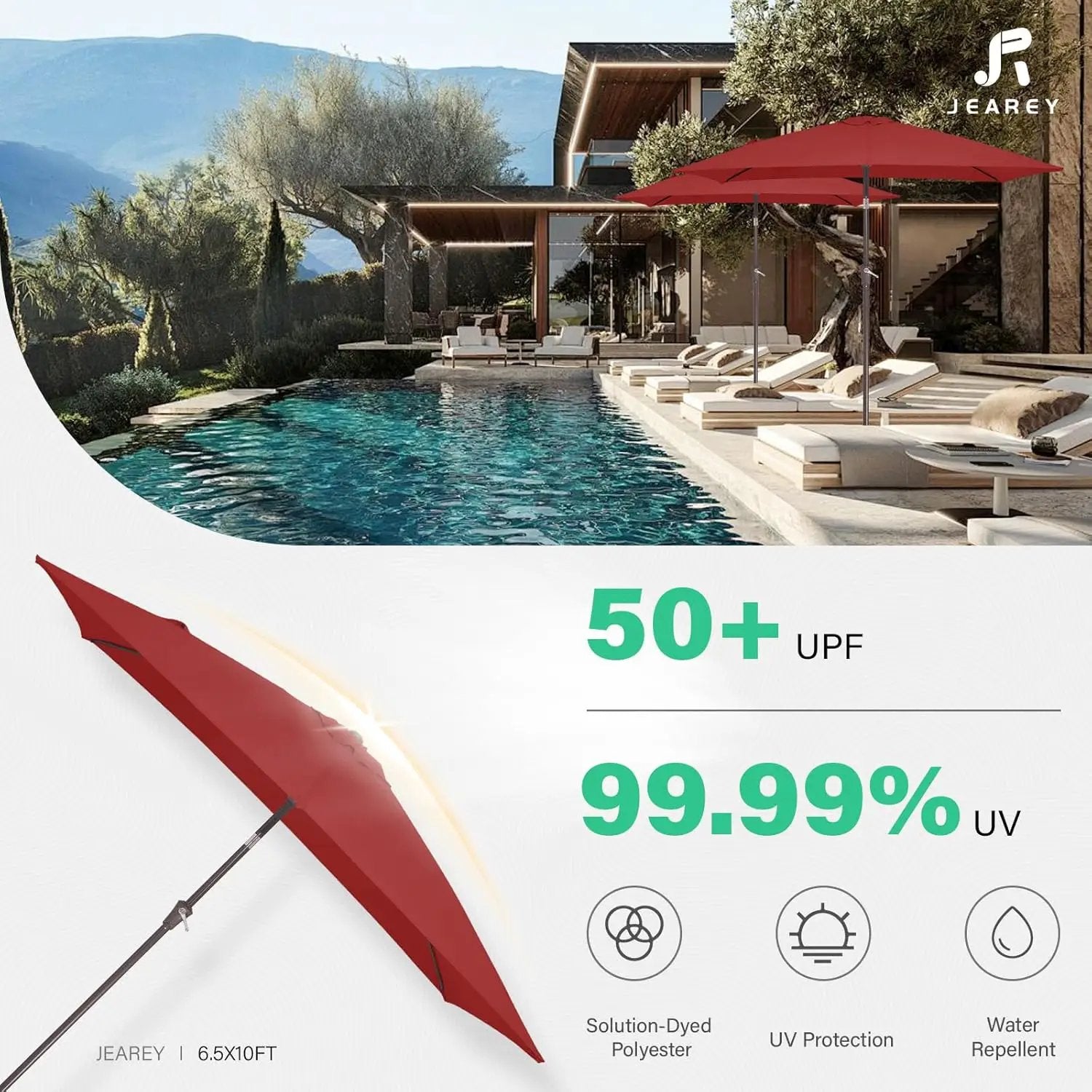 JEAREY 6.5x10 ft Rectangular Patio Umbrellas Outdoor Market Umbrella with Push Button Tilt and Crank, Rectangle Table Umbrella 6 Sturdy Ribs UV Protection for Pool Garden Backyard Deck, Red by GreenHaven Gardens