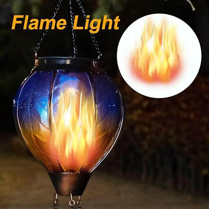 pearlstar Hot Air Balloon Solar Lantern with Flickering Flame Light, Outdoor Solar Hanging Lights Waterproof for Garden Yard Patio Farmhouse Decoration,Stained Glass Blue by GreenHaven Gardens