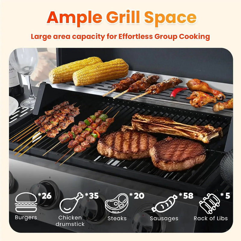4-Burner Propane Gas BBQ Grill with Side Burner, Porcelain-Enameled Cast Iron Grates and Grills Cover, 51,000 BTU Stainless Steel Grill for Outdoor Camping Barbecue Grilling Backyard Cooking by GreenHaven Gardens