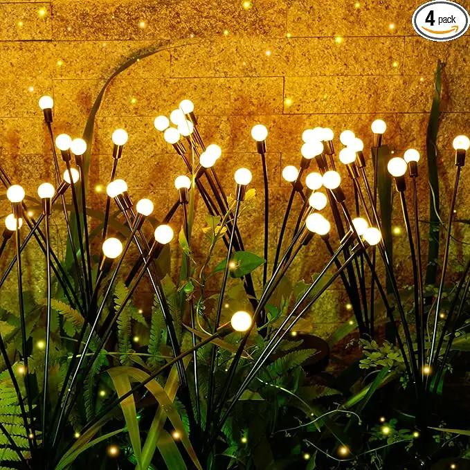 4Pack 32LED Spring Solar Swaying Lights Outdoor Solar Powered Firefly Lights Garden Decor Waterproof Pathway Light Sway by Wind Landscape Lights Warm Yellow for Pathway Lawn Patio Courtyard Decor by GreenHaven Gardens