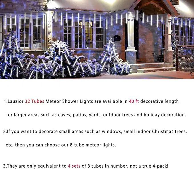 Christmas Decoration Outdoors- 32 Tubes (Equivalent to 4 Sets of 8-Tubes) Meteor Shower Rain Lights, White Falling Rain Lights for Christmas Decor Xmas Tree Halloween Yard Wedding Party, UL Plug by GreenHaven Gardens