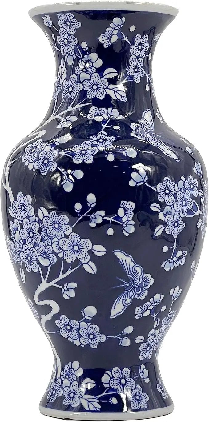 Galt International Dark Blue Floral Chinoiserie Ceramic Vase 14"- Hand Painted Antique Style Porcelain Butterfly & Flower Bottle Fishtail Porcelain Chinese Vase for Home Decor Centerpiece by GreenHaven Gardens