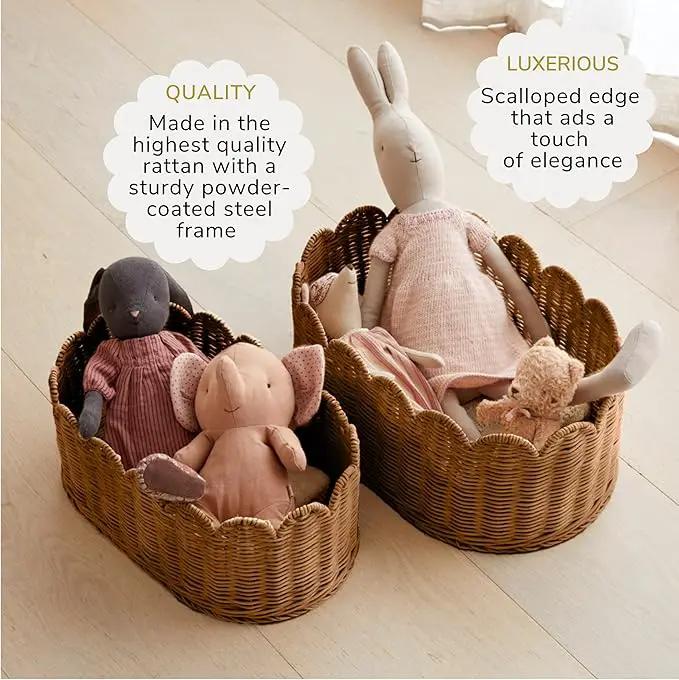 BEBE BASK Premium Scalloped Basket Set Of 2 - Scallop Basket - 16 x 10 x 7 Inch - Hand-Woven Elegant Wicker With Scalloped Edge - Nursery Storage (Mocca) by GreenHaven Gardens