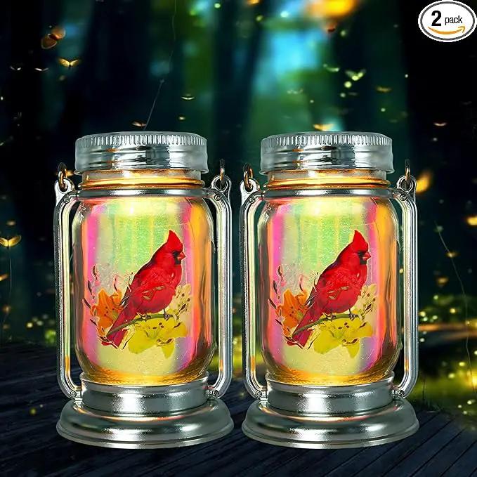 Outdoor Solar Cardinal Lantern-2 Pack Garden Hanging Red Bird Lanterns, Gifts for Mom Women Grandma,Silver Glass Mason Jars,Waterproof LED Decorative Lights for Patio Table Garden Pathway Yard by GreenHaven Gardens