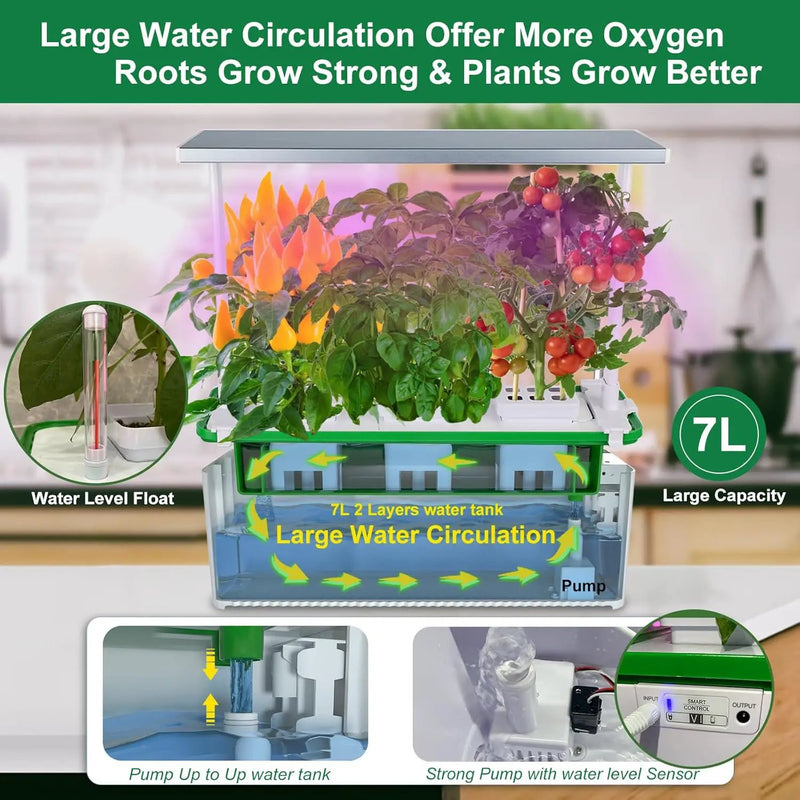 Large Hydroponics Growing System kit with Trellis,Smart Indoor Hydroponic Gardening System with LED Grow Light, Indoor Hydroponic Grow Kit for Tomato,Pepper,Cucumbers(7L,Pump) by GreenHaven Gardens