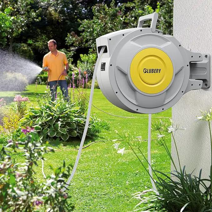 BLUBERY 5/8" x 100+6.7ft Retractable Garden Hose Reel with Slow Return System, Heavy-Duty Wall-Mounted 39.3LB, 10" Handle, 180° Swivel Bracket, Any Length Lock by GreenHaven Gardens