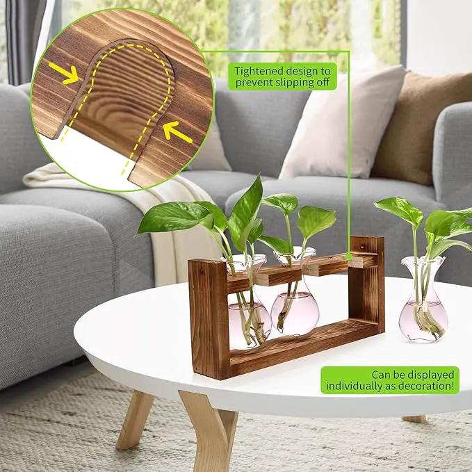 Plant Propagation Station Plant Terrarium Unique Birthday Gifts for Women Plant Lovers Home Office Decor Planter with Wooden Stand - 3 Bulb Glass Vase by GreenHaven Gardens