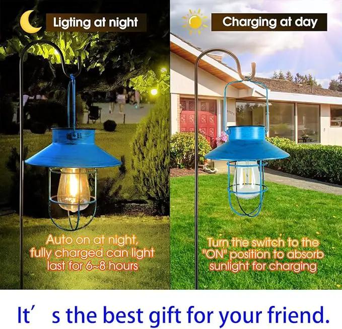 2 Pack Hanging Solar Lantern Lights with Shepherd Hook, Metal Waterproof Warm White Edison Bulb Lights for Garden Outdoor Pathway (Bule) by GreenHaven Gardens