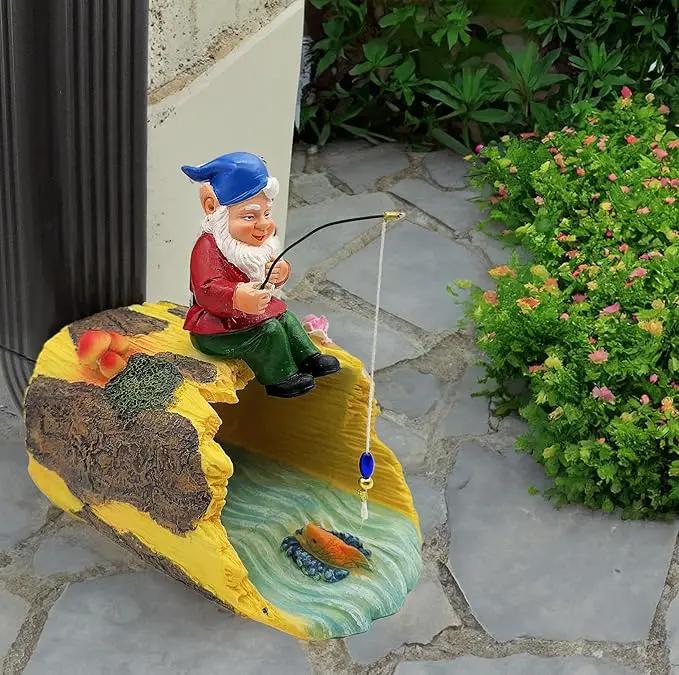 Gnome Fishing 3" x 4" Gutter Downspout Splash Block Decor, Outdoor Garden Animal Statue & Sculpture, Weather-Resistant Gutter Diverter Rain, Decorative Gutter Extension Downspout Ornament by GreenHaven Gardens