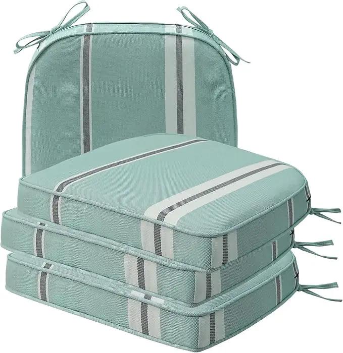 Round Corner Seat Cushions, 17" x 16" x 2", Set of 4, Indoor Outdoor Water Repellent Universal Chair Pads with Ties for Patio Furniture, Garden Deck Dining Chairs, Aqua Stripe by GreenHaven Gardens