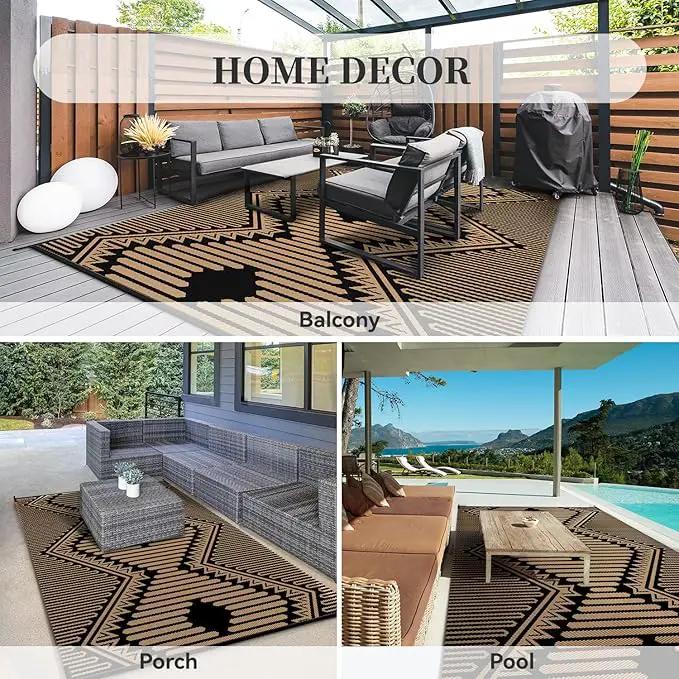 MontVoo Outdoor Rug-Waterproof Camping Rug Patio Rug Mat 6x9 Reversible Plastic Straw Outside Outdoor Rug for RV Camping Picnic Balcony Backyard Pool Deck Porch Modern Boho Black Brown by GreenHaven Gardens