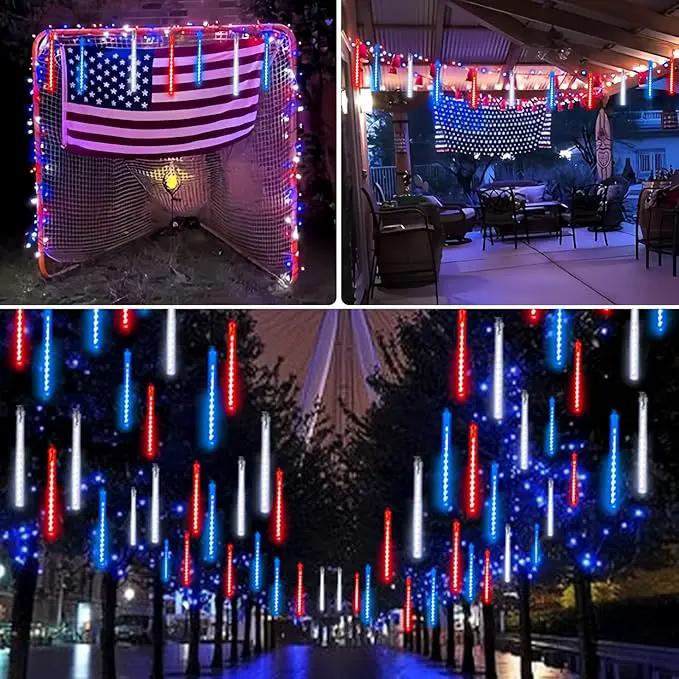 4th of July Decorations Outdoor, Red White and Blue Solar Meteor Shower Lights, 18 Tubes 432 LEDs 4th of July Lights Waterproof, Patriotic Lights String for Independence National Memorial Day Decor by GreenHaven Gardens