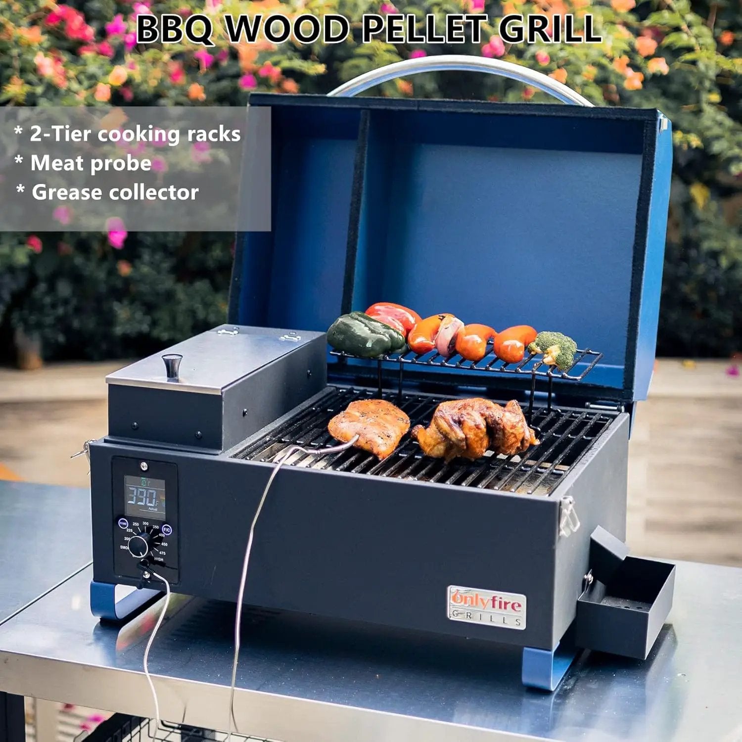 Onlyfire BBQ Wood Pellet Grill Smoker with Digital Control, LED Screen, Meat Probe & 2 Tiers Cooking Area, Portable Tabletop Grilling Stove for BBQ, Smoke, Bake and Roast, RV Camping, Blue by GreenHaven Gardens