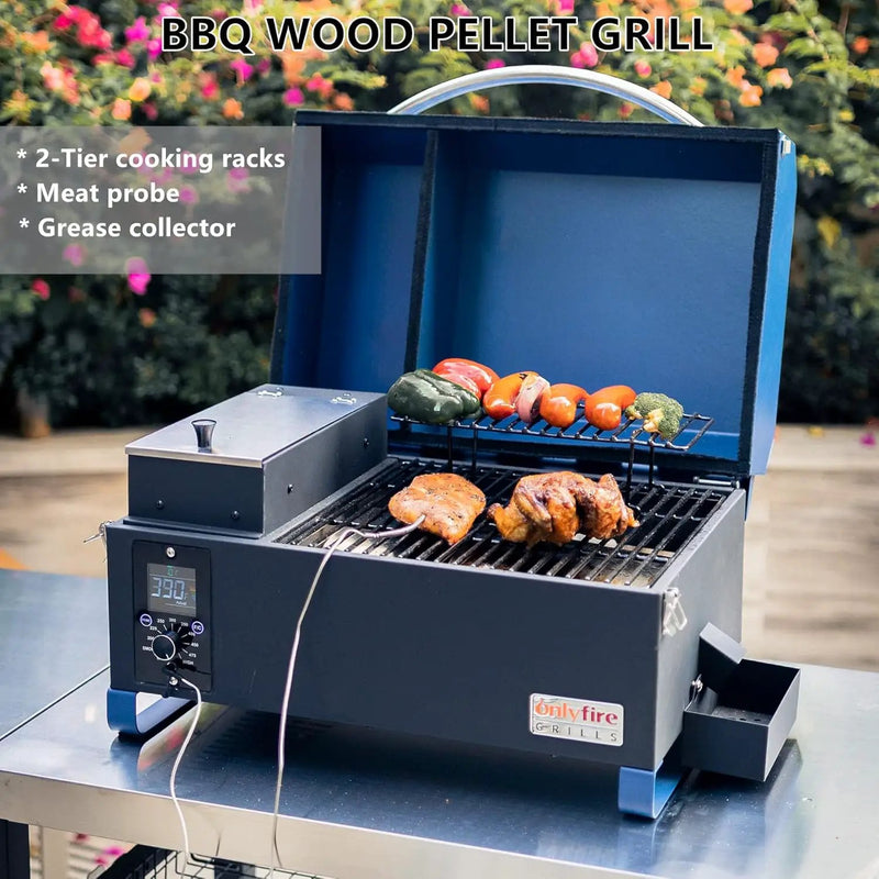 Onlyfire BBQ Wood Pellet Grill Smoker with Digital Control, LED Screen, Meat Probe & 2 Tiers Cooking Area, Portable Tabletop Grilling Stove for BBQ, Smoke, Bake and Roast, RV Camping, Blue by GreenHaven Gardens