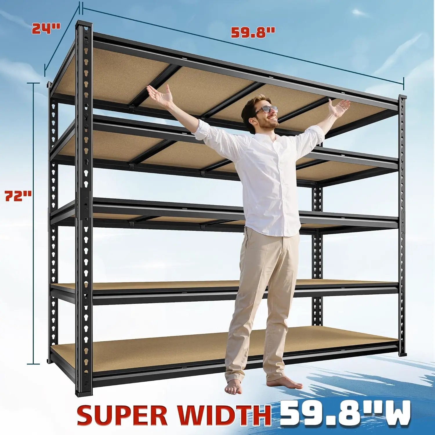 59.8"W Garage Shelving 72"H Storage Shelves 2750LBS Metal Shelving Heavy Duty Garage Shelves Adjustable 5 Tier Metal Shelf for Basement Warehouse Pantry Supermarket 59.8"W x 24"D x 72"H by GreenHaven Gardens