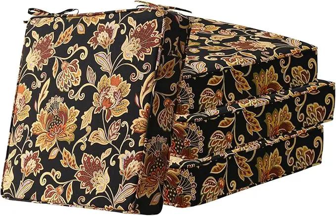 Square Corner Seat Cushions, 19" x 19" x 3", Set of 4, Indoor Outdoor Water Repellent Universal Chair Pads with Ties for Patio Furniture, Garden Deck Dining Chairs, Red Yellow Vine Flower by GreenHaven Gardens