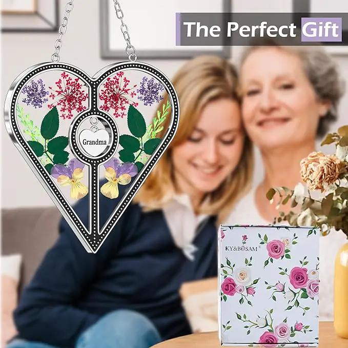 KY&BOSAM Heart Suncatcher Grandma Stained Glass for Windows Hangings Ornament Wind Chimes with Pressed Real Flower Heart Embedded in Glass Birthday Gifts for Women Grandma Mother`s Day Christmas Decor by GreenHaven Gardens