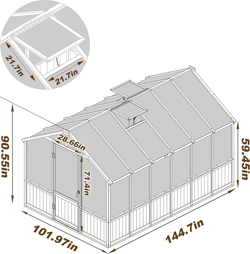 MUPATER 8' x 12' Outdoors Walk-in Greenhouse, Wood Greenhouse with Ventilated Window and Lockable Door, 6mm Polycarbonate Panels for UV Protection and Heat Insulation,Suitable for Patio, Backyard by GreenHaven Gardens
