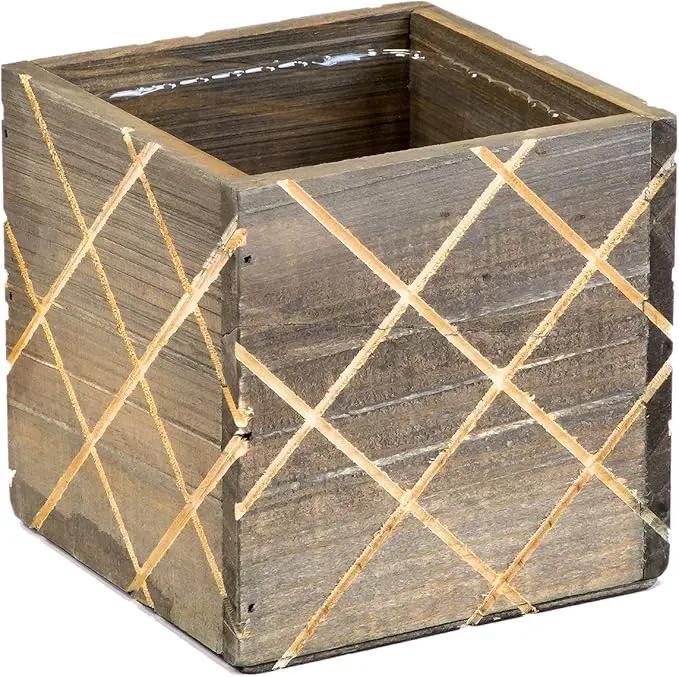 Wood Planter Box with Diamond Cross Hatch Style, 5 Inch Square, Rustic Barn Wood, Plastic Liner, Wedding Flowers Holder, Home and Venue Decor (5x5 Diamond Cross Hatch Set of 4, Natural) by GreenHaven Gardens