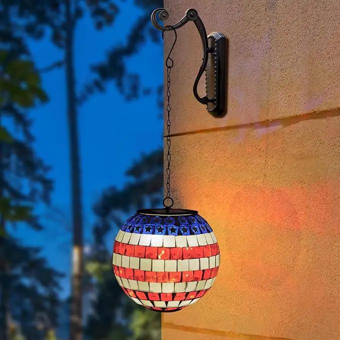 American Flag Solar Hanging Lanterns Outdoor Waterproof Glass Mosaic Gazing Ball Globe Hanging Lantern Lights for Patio Garden Yard Home Decor (Red) by GreenHaven Gardens