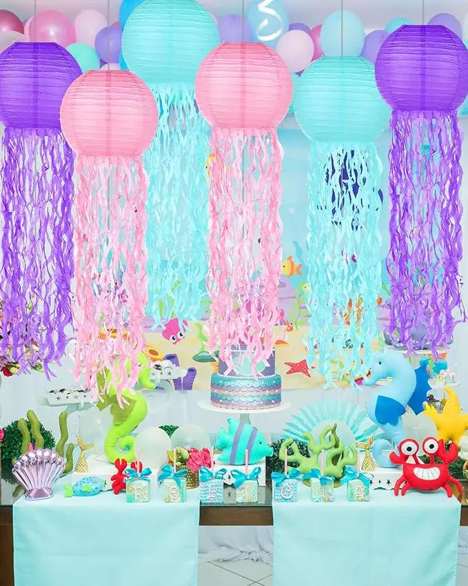 18 Pcs Jellyfish Paper Lanterns Mermaid Birthday Decorations Hanging Lantern Lamps for Ocean Theme Decor Under The Sea Party Supplies