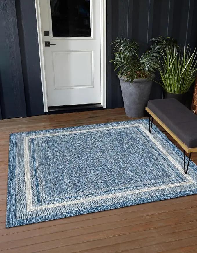 Unique Loom Outdoor Border Collection Area Rug - Soft Border (10' Square Blue/Ivory) by GreenHaven Gardens