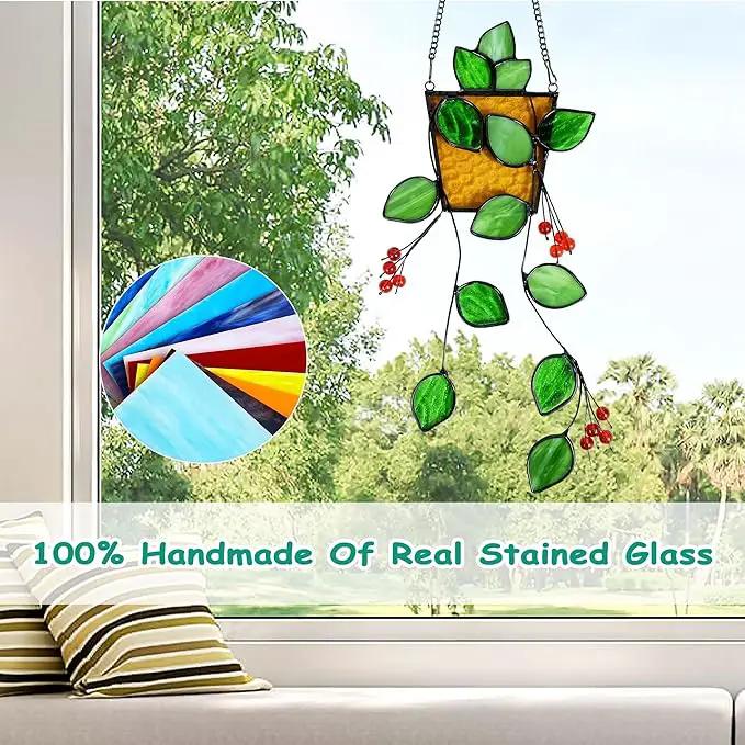 Royxen Stained Glass Window Hanging, Sun Catcher, Suncatchers for Windows Hanging, Green Plants with Yellow Pot by GreenHaven Gardens