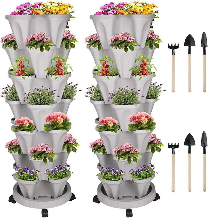 Vertical Planter 7 Tier Stackable Planters Garden Planters Strawberry Herb Flower and Vegetable Planter Indoor Outdoor Gardening Pots with Removable Wheels and Tools 2-Pack by GreenHaven Gardens